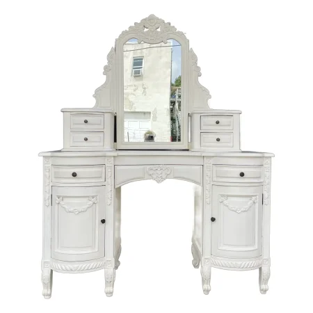 Shabby Chic Baroque White Wood Vanity Desk – Mirror Included