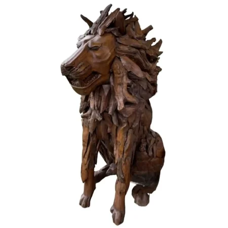 7' Tall Sitting Lion Statue – Life-Size Teak Garden Sculpture