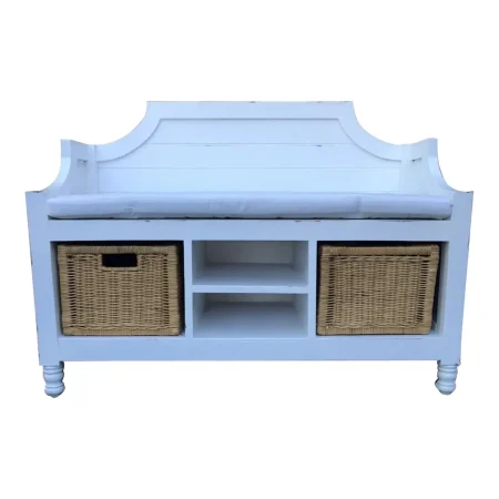 Coastal Cottage Bench With Wicker Basket Storage