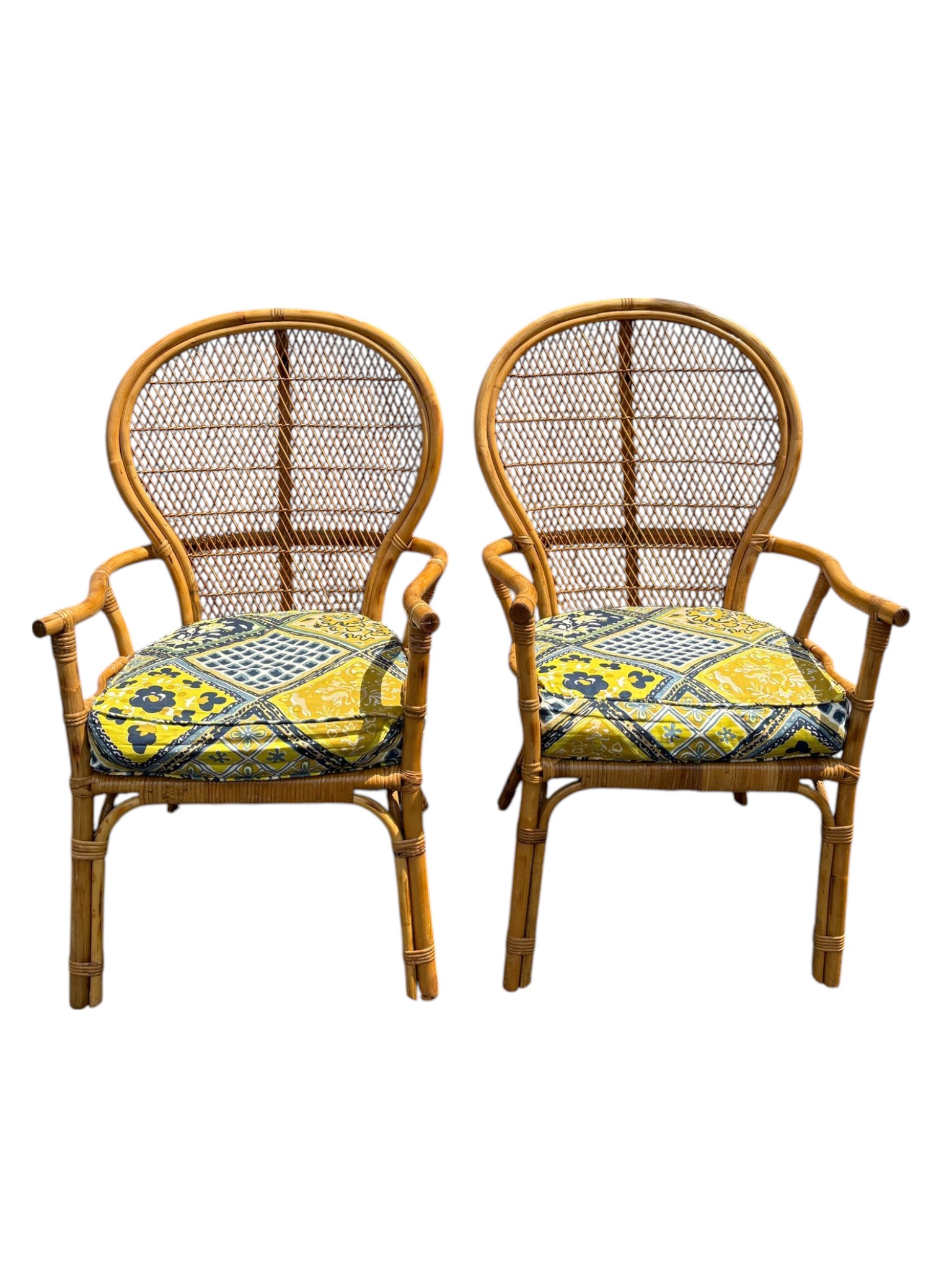 Set of 2 1980s Vintage Bamboo Rattan Side Chairs with Custom Upholstered Seats