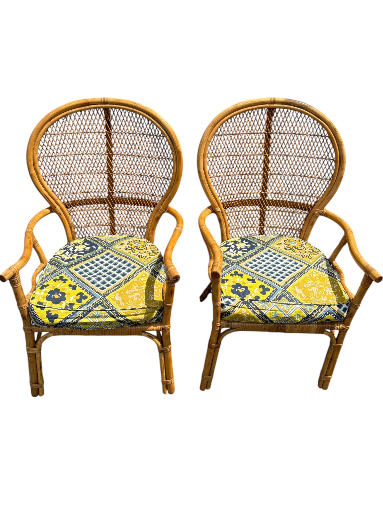Set of 2 1980s Vintage Bamboo Rattan Side Chairs with Custom Upholstered Seats - Image 2