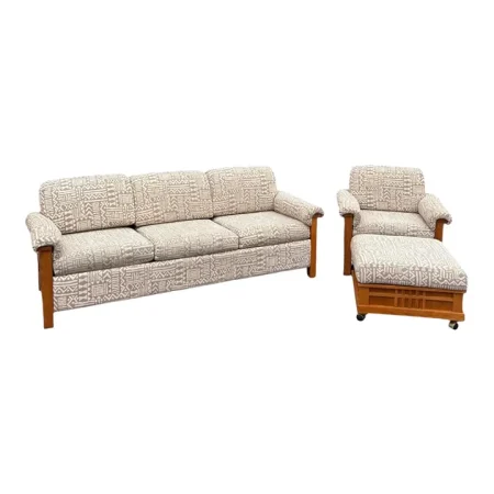 1950s Vintage Beige & Cream Sofa, Chair & Ottoman Set- 3 Pieces