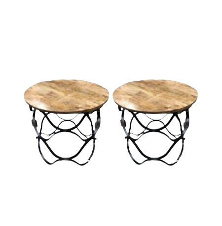 Pair of Industrial Round Mango Wood & Iron Side Tables