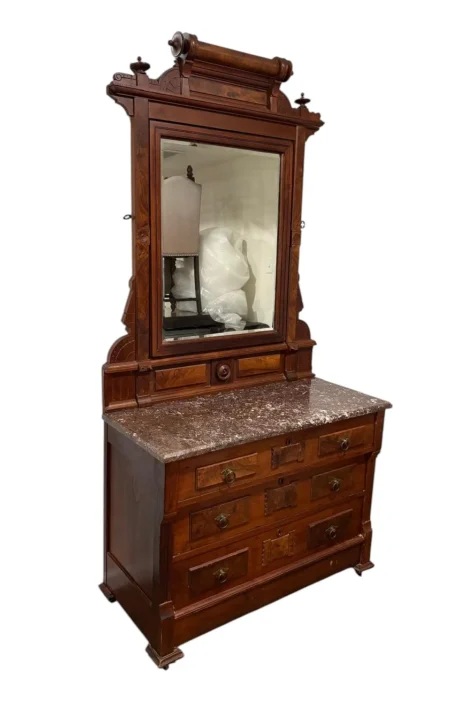 Antique Walnut Marble Top Dresser With Large Mirror