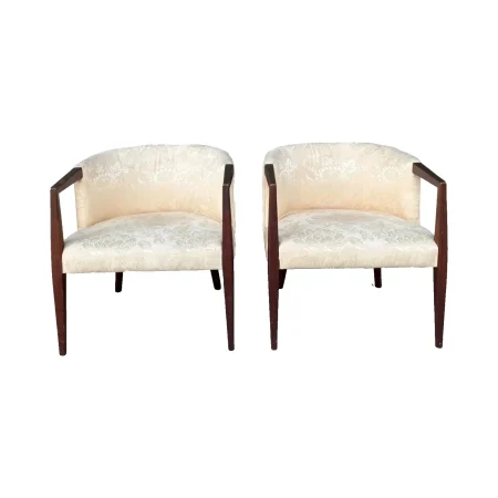 Pair of Vintage Mid-Century Modern Barrel Armchairs -Cream Jacquard & Walnut