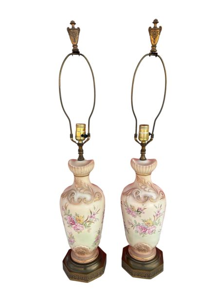 Pair of Vintage Hand-Painted Porcelain Floral Table Lamps