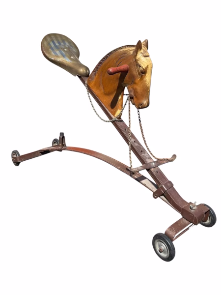 Antique Ride-On Horse Toy with Wooden Head and Metal Frame from the Mid 20th Century