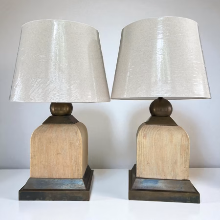 Pair of Vintage 1980s White Washed Wood Square Lamps